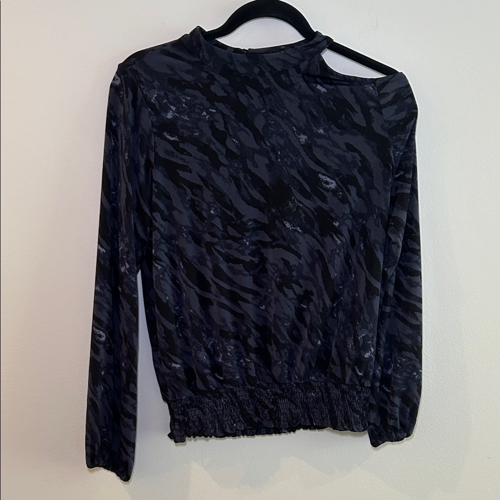 Allison Joy Black and Gray Long Sleeve Top, exposed shoulder, size S